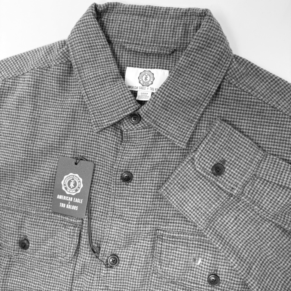 American Eagle x Tru Kolors Mens Small Gray Houndstooth Button‎ Front Shirt NEW